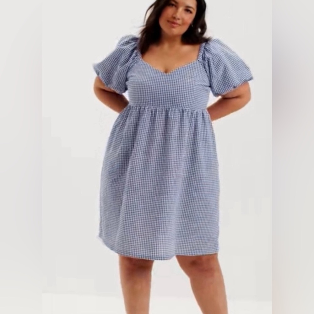 NWT Old Navy blue gingham puff sleeve baby doll dress, size 2X